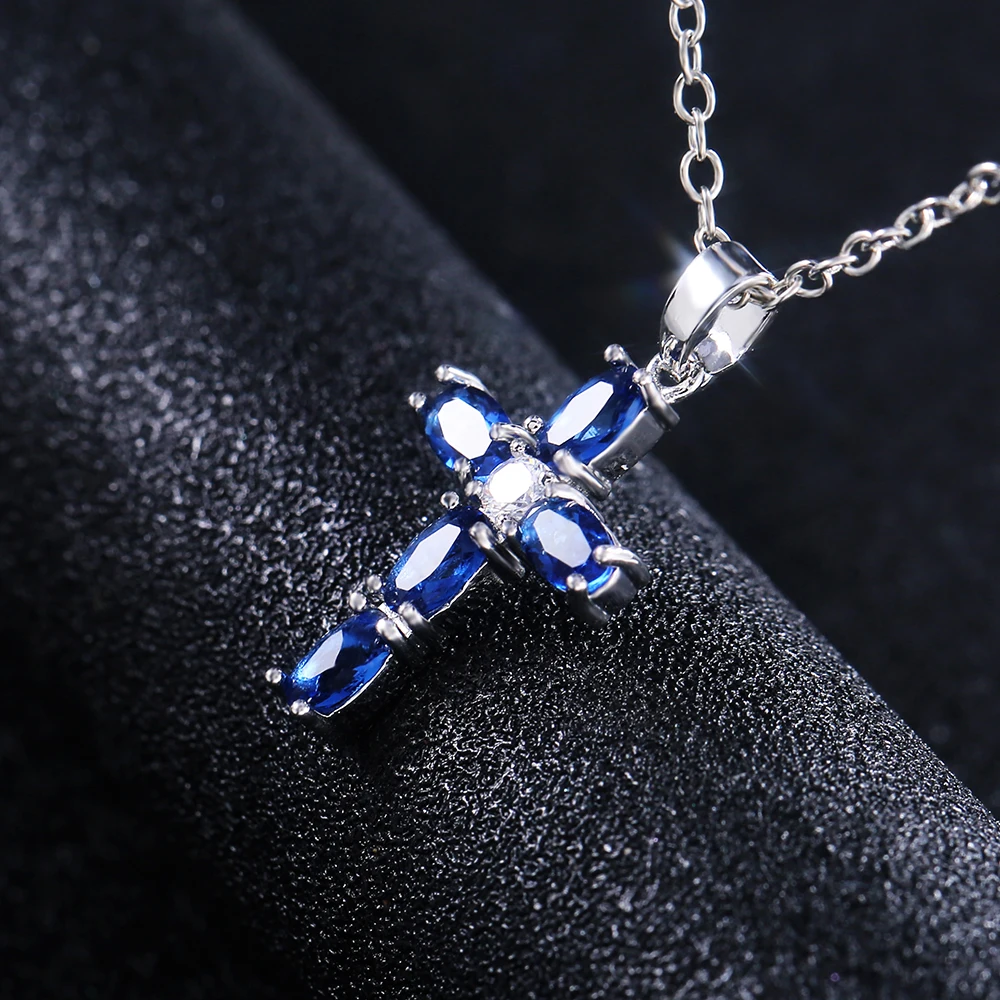 Huitan Fashion Oval Blue Stone Cross Pendant Delicate Women Necklace Daily Wear Anniversary Christmas Gift High Quality Jewelry