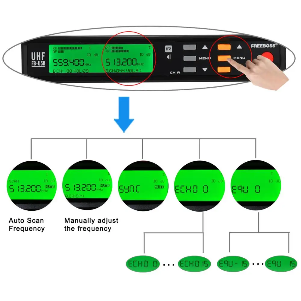 Imagem -03 - Boss Fb-u58 Uhf 2*200 de Freqüência Ajustável Metal Handheld Tela Lcd Inteligente Opção Eco e eq Efpec Sistema Microfone para dj