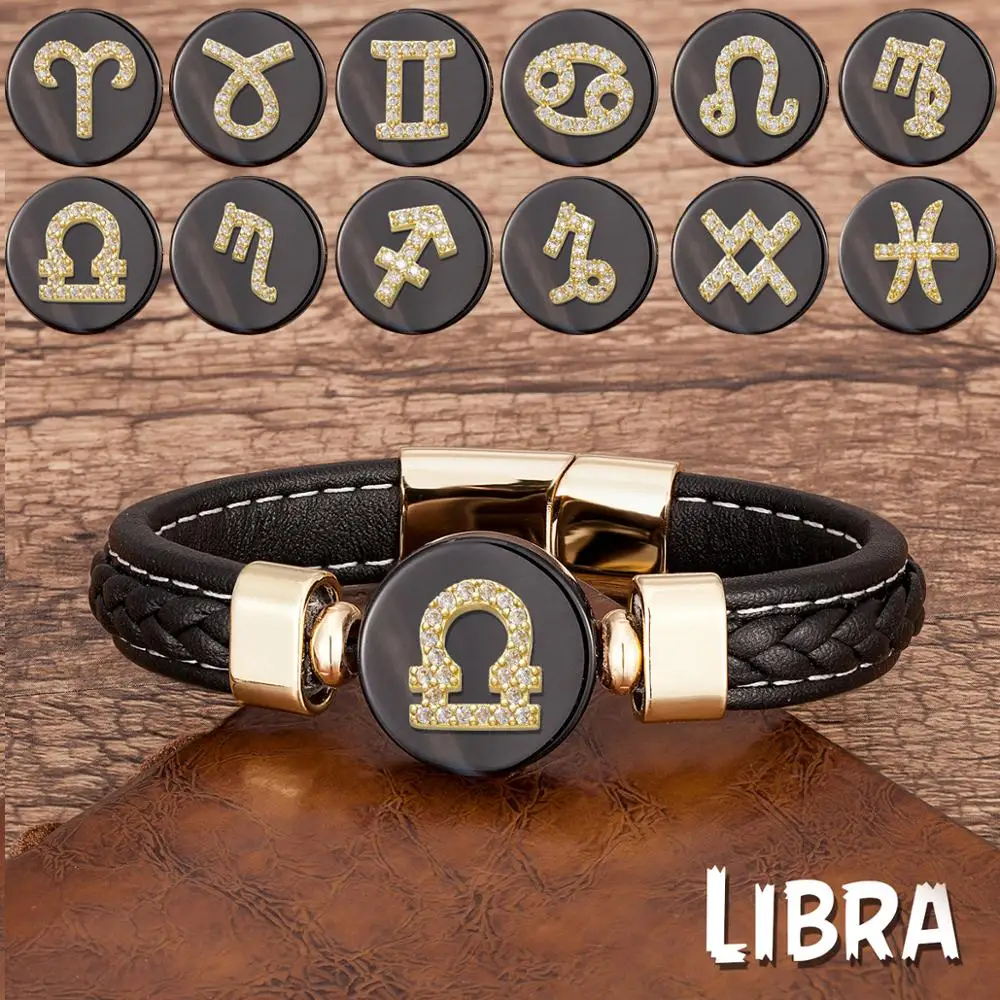 New 12 Constellations Zodiac Sign Bracelet Black Leather Natural Stone Men Bracelets Aries Leo Horoscope Jewelry Christmas Gifts