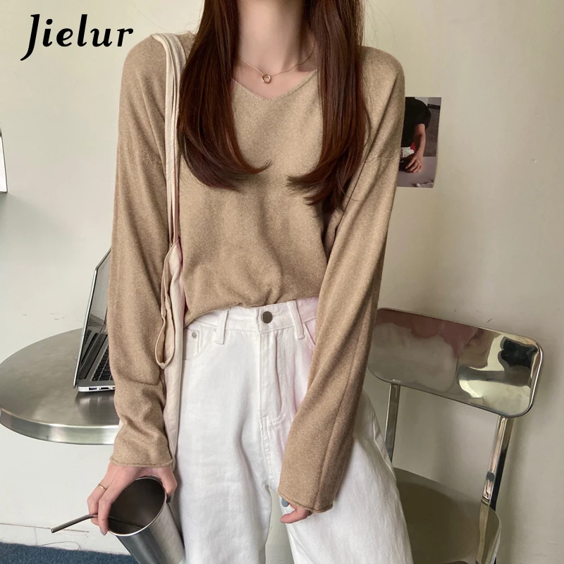 Jielur-camisola Harajuku casual solta, pulôver feminino de malha, blusa de manga cheia com decote em v, malha outono e inverno, 9 cores