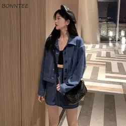 Sets Women High Street Korean Style Two Piece All-match Spring Skirts Solid Full Sleeve Shirts Mujer Ulzzang Female Stylish Crop