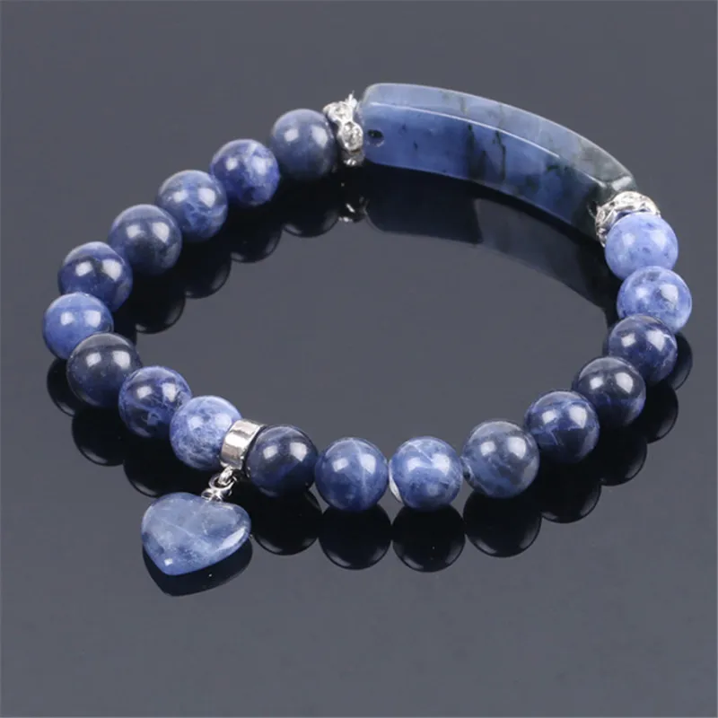 

WWLB Natural Stone Sodalite Bracelets For Women Men Love Heart Blue White Dot Beads Stretch Healing Buddhist Prayer Bangles S160