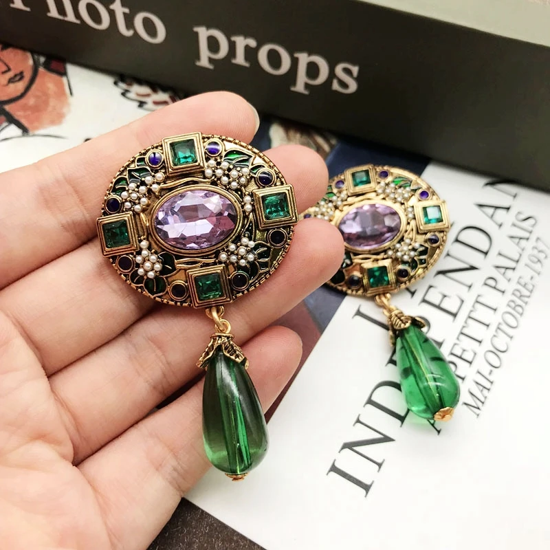 Ethnic Stud Earrings Exaggerate Statement Green Teardrop Pendant Piercing Jewelry Vintage Accessories