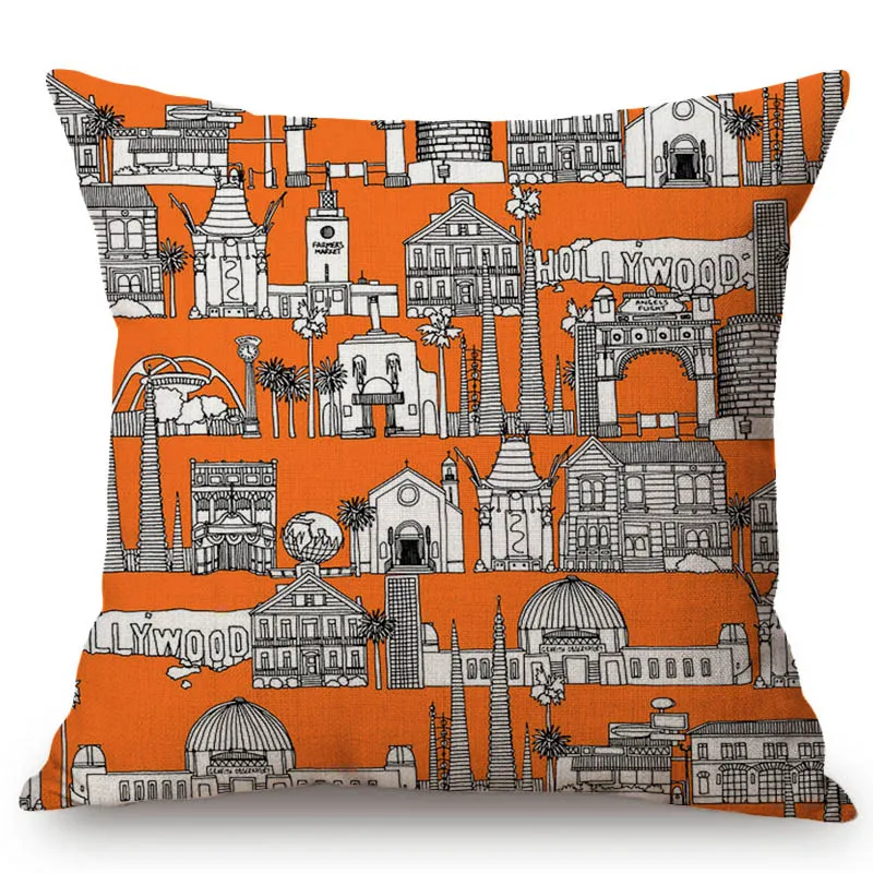 Toile de Jouy New York London Paris Blue Yellow Green Orange Fashion Pattern Sofa Throw Pillow Case Cotton Linen Cushion Cover