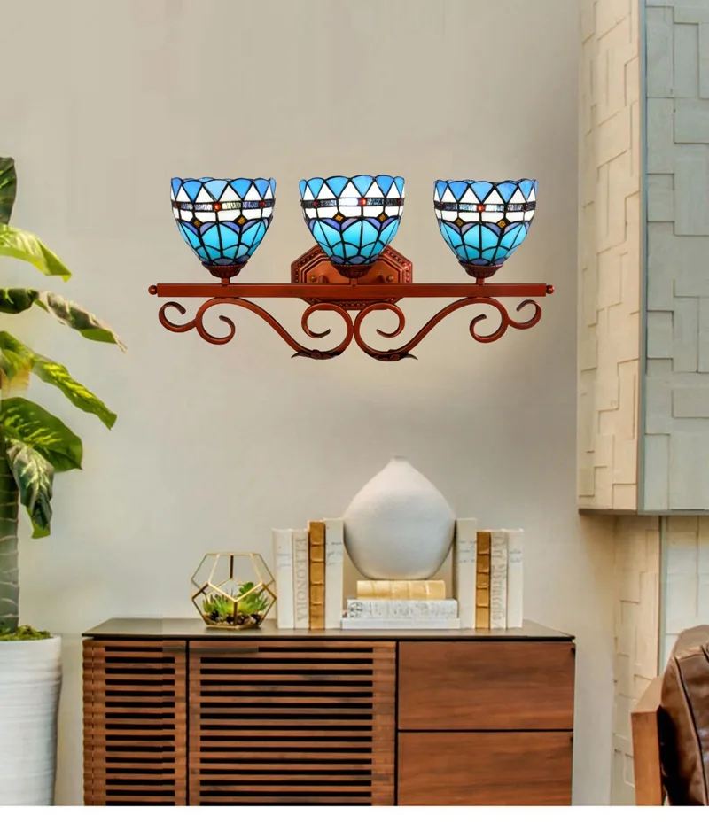 European Baroque Ancient Craft Stained Glass Bathroom Mirror Front Light Living Room Aisle Corridor LED Tiffany Wall Lamps E27