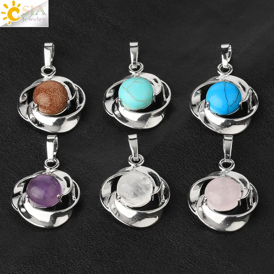 CSJA Natural Stone Pendant Necklace Silver Color Rose Flower Tiny Pendants Cabochon Reiki Crystal Women Charm Jewelry G502