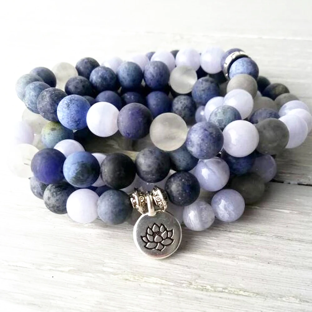 

MG0986 New Design Throat Chakra Mala Bracelet Meditation Buddhist Yoga Mala Blue Lace Agates Lotus Charm Bracelet