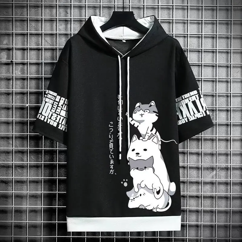 Man Summer Short Sleeve Hooded Graphic T Shirts Harajuku Cartoon Anime Shirt Japanese Streetwear Tees Casual Men Clothing 2021