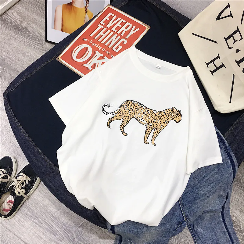 Hirsionsan Korean Summer Leopard T Shirt Women 2023 Cotton Loose O-Neck Short Sleeve Tees White Harajuku Black Punk Woman Tops