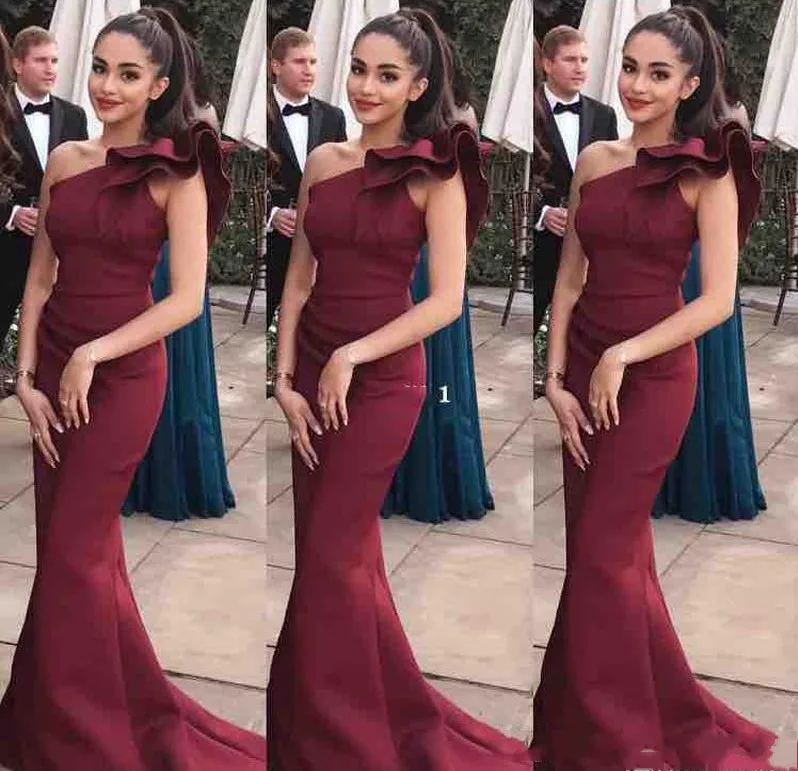 

Elegant One-Shoulder Mermaid Burgundy Evening Dress Sleeveless Long Train Prom Formal Party Gown Zipper Back Robe De Soiree