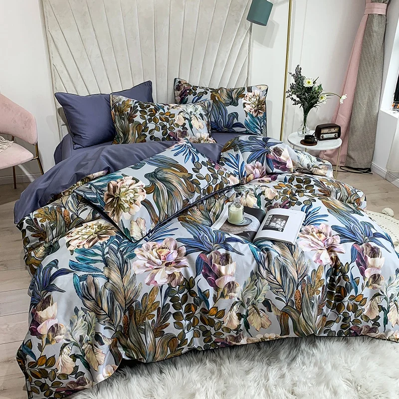 Tropical Leaves Flowers Duvet cover set Silky Soft 100%Egyptian Cotton Bedding set Queen King Bed sheet Quilt Cover Pillowcases