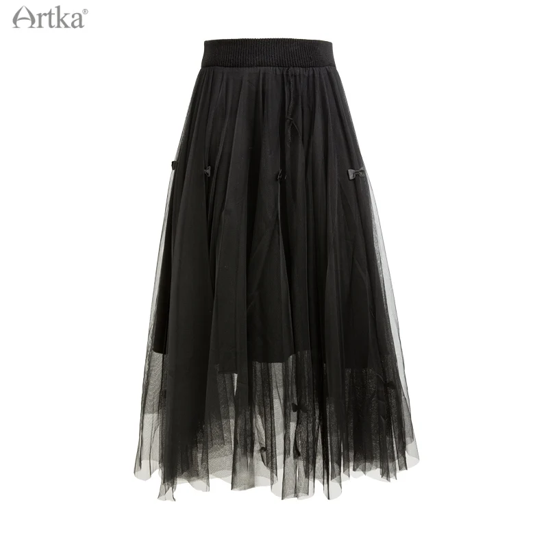ARTKA 2025 A/W Nieuwe Vrouwen Rok Elegant Gaas Kant Elastische Hoge Taille Midi Rokken A-lijn Tweezijdig Slijtage Gebreide Rok QB29011D