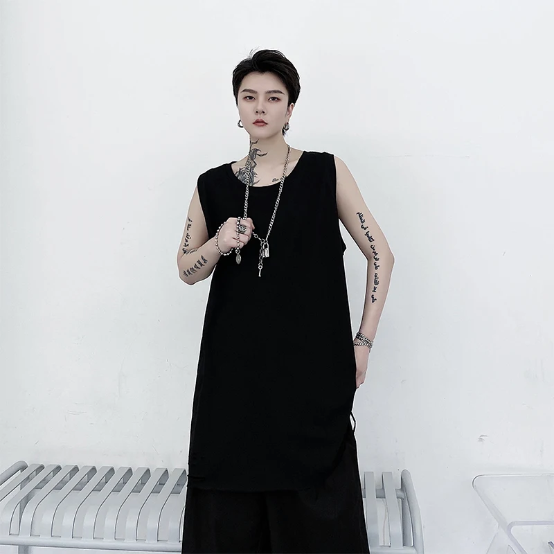 Summer men broken hole hip-hop sleeveless vest personality simple pure color high street loose large size T-shirt