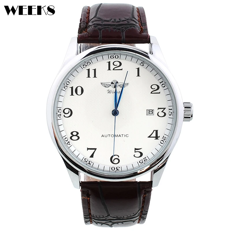 Klassiek heren automatisch mechanisch horloge Classy skelet witte wijzerplaat bruine lederen band zelfopwindende mannelijke polshorloge klok