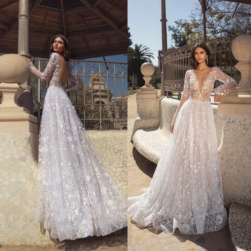 2020 Abito di sfera Abiti Da Sposa In Pizzo Applique Profondo Scollo A V Manica Lunga Vestido De Noiva Custom Made Abito Da Sposa