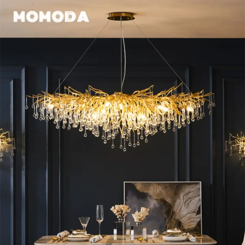 

Luxury LED Chandeliers Lighting Modern Gold Metal Crystal Water Drop Tree Branch Lamps Bedroom Living Room Lights Lustre Fixture