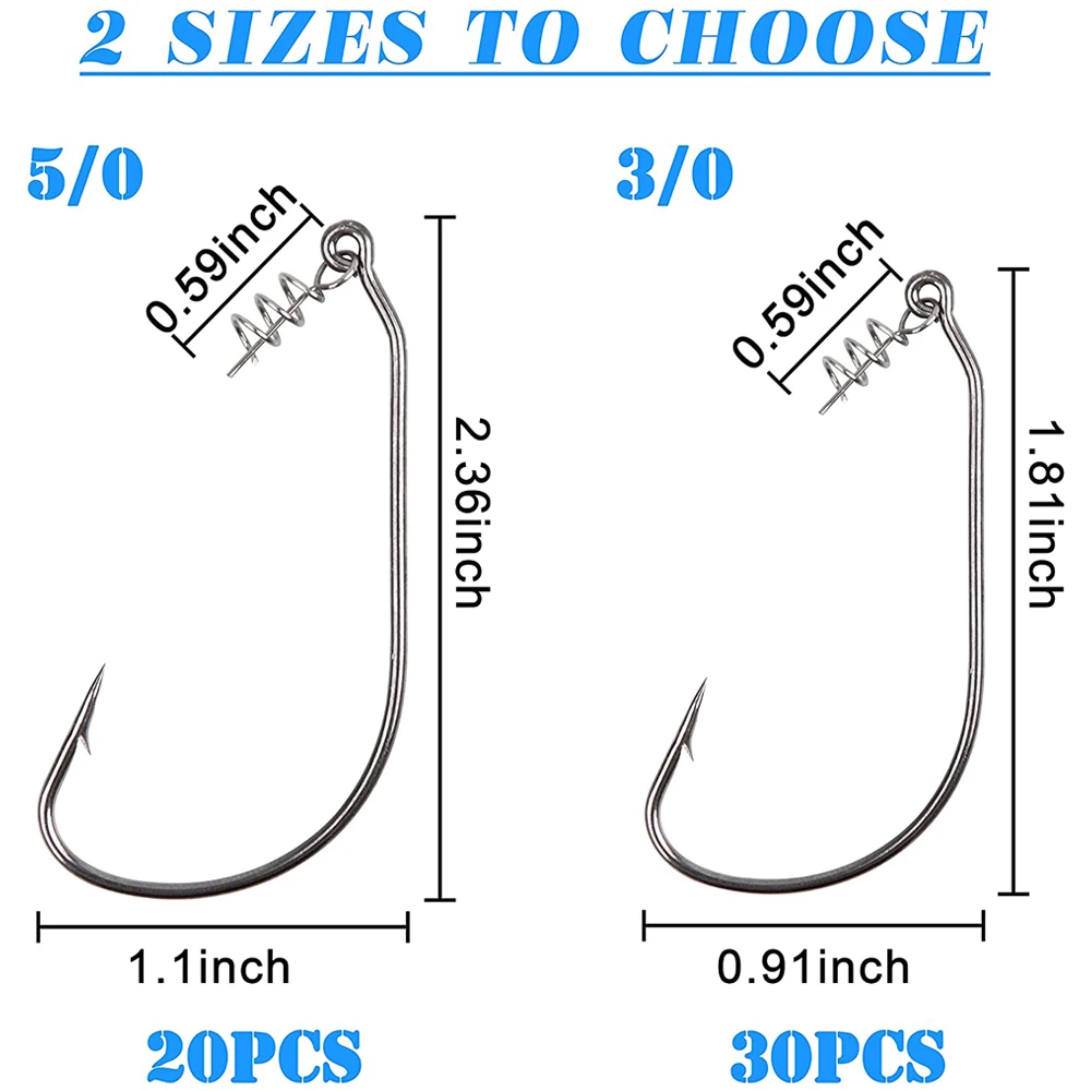 50Pcs/Box Fishing Worm Hook With Spring Twist Lock Barbed Crank Carp Hook For Soft Worm Bass Lure Offset Jig Hook