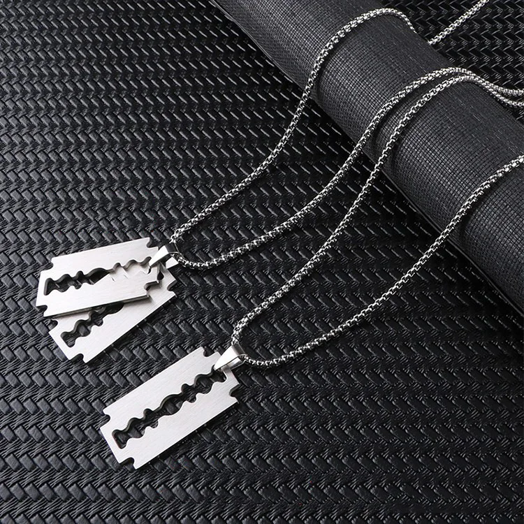 Fashion Silver Color Stainless Steel Razor Blades Pendant Necklaces Men Jewelry Steel Male Shaver Shape Sweater Necklace Gifts