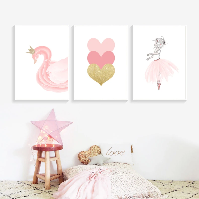Nordic Kids Poster Pink Ballet Poster Swan Wall Art Posters And Prints Cartoon Canvas Painting Heart Pictures Girl Room home Dec