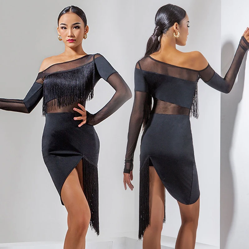 

2021 Latin Dance Dress For Women Fringe Competition Dress Black Irregular Dress Party Show Samba Salsa Dance Costumes DNV14632