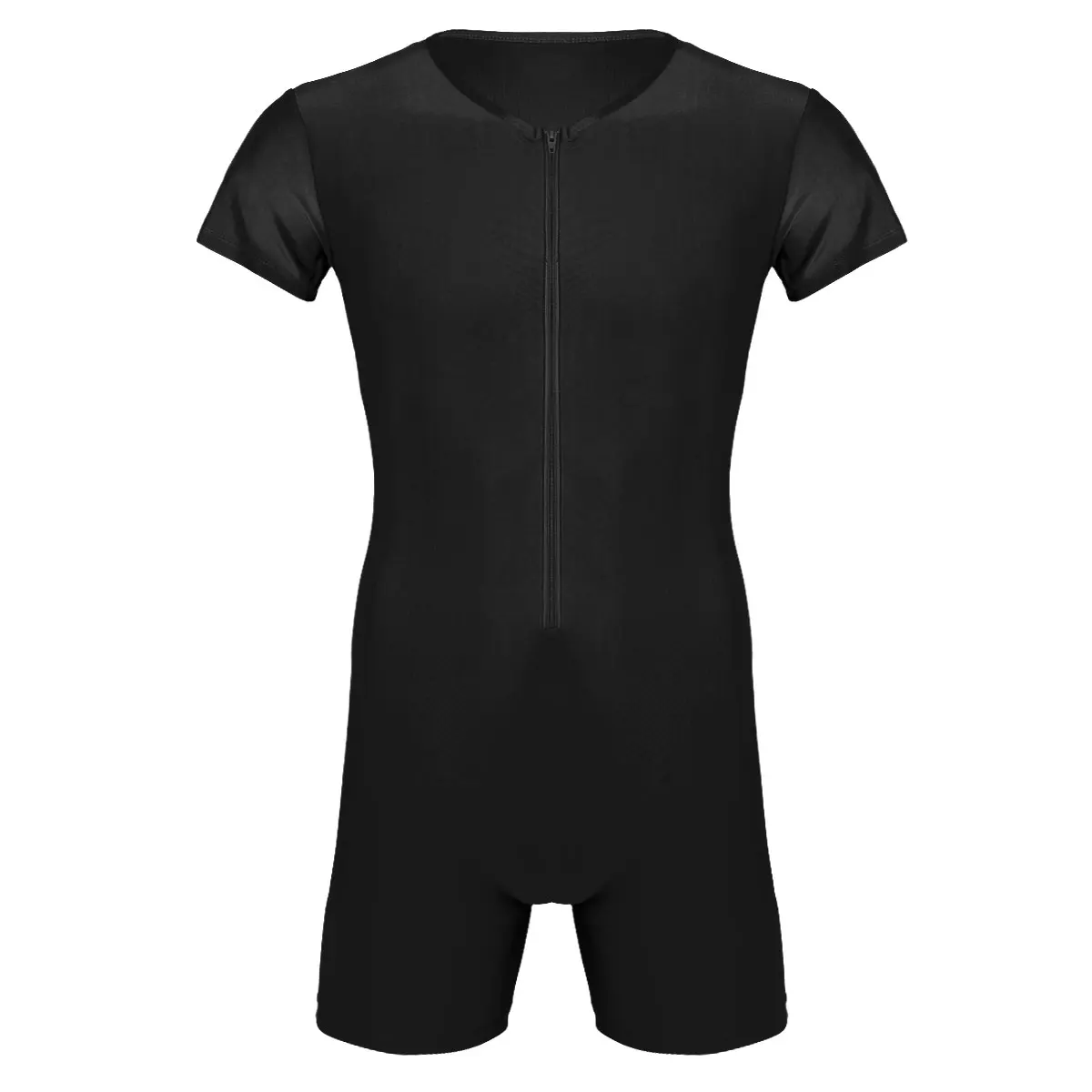 Mens Short Sleeve Zipper Front Leotard Bodysuit One-Piece Dance Gym Workout Jumpsuit Biketard Unitard Wrestling Singlet