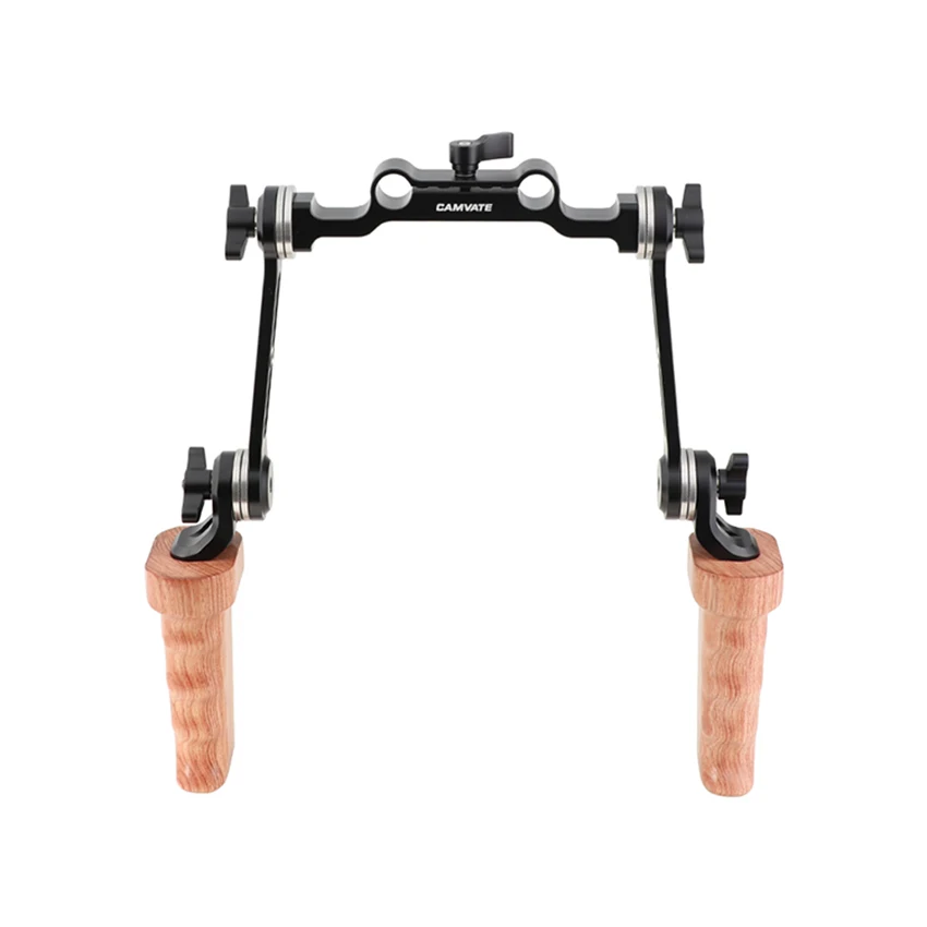 CAMVATE Dual Wooden Handgrip With Rosette Extension Arm & 15mm Clamp Railblock For DSLR Camera Shoulder Mount Rig Support System