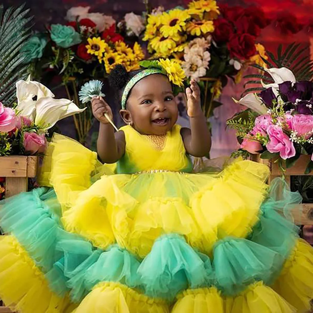 

Flower Girl Dresses Yellow Tiers Ball Gown Tutu Fashion Tulle Elegant Lilttle Kids Birthday Pageant Weddding Gowns