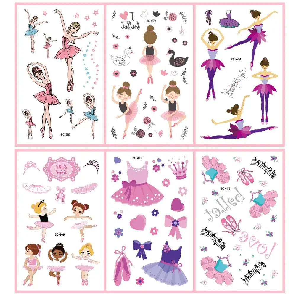 12 kinds Ballet Pattern Stickers for Kids Cute Cartoon Temporary Tattoo Girls faux tatouage temporaire Disposable Children Gift
