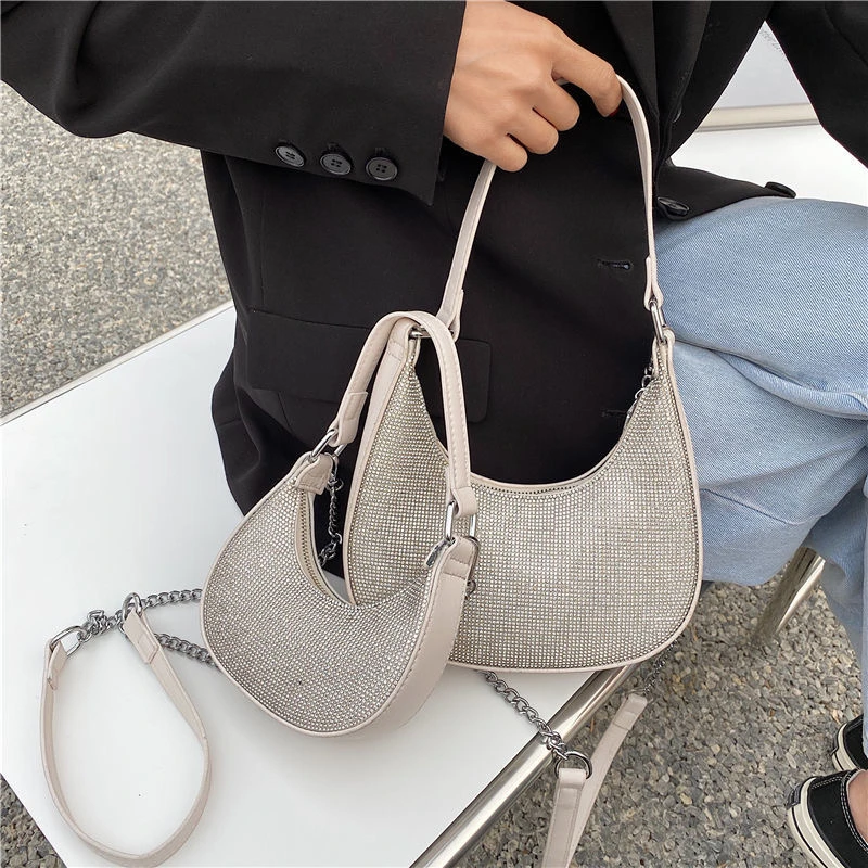 Women Diamond Hobo-Bag For 2021 Female Chain Clutch Design Brand Luxury Shoulder Bags Handbag Shiny Hobo-Bag Messenger Bag