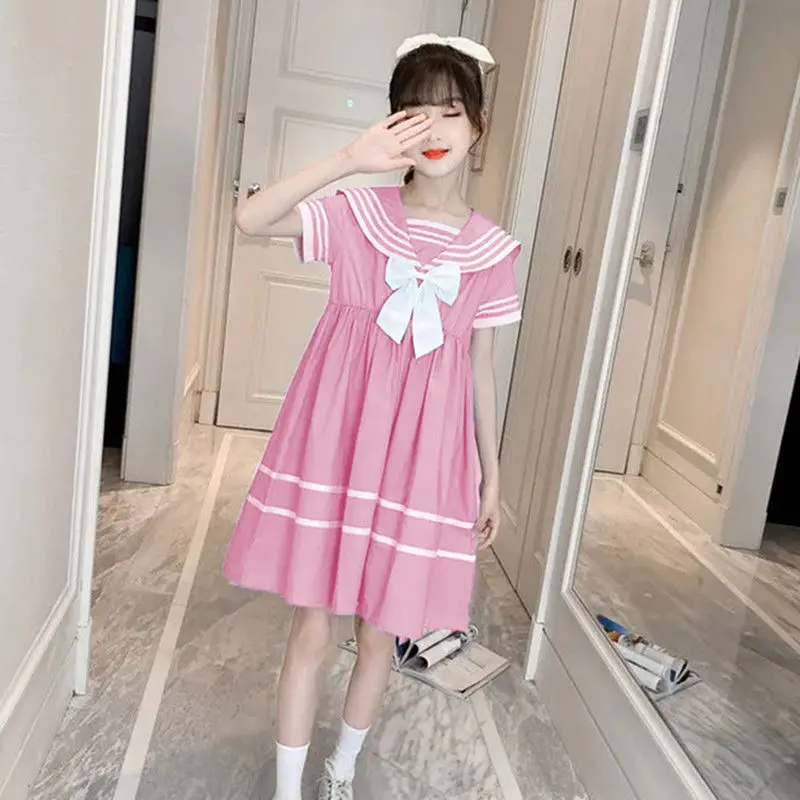 2021 New Summer Girls Naval Style Dresses Cotton Children Striped With Bow Clothes Students Dresses Infant Baby Clothes 2-14Y