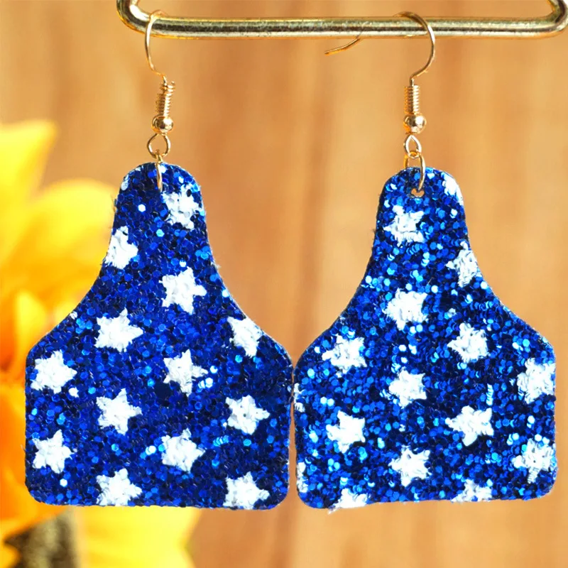 2024 New Fourth of July Flag Sequins Star Blue Stripe Glitter Independence Day Leather Drop Earrings for Women