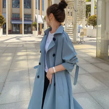 2021 Fashion Women Trench Coat Beige Blue Long Double Breasted With Belt Spring Autumn Women's Coats Female Korean Loose Outerwear