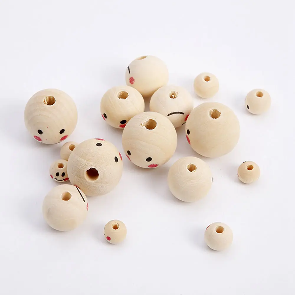 Smile Face Painting Round Natural Wood 10mm 12mm 20mm 25mm Loose Woodcraft Beads for DIY Crafts Handcraft Jewelry Making