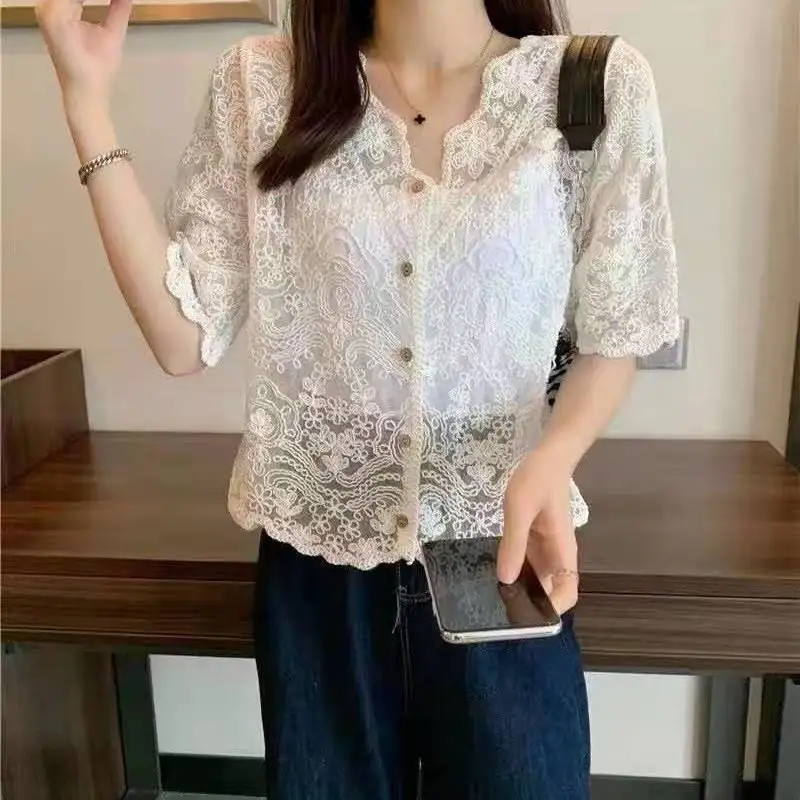 Shirt Women Lace Summer Sun-proof Simple Sexy Female Clothing Sheer Tops Preppy V-Neck Casual Trendy Harajuku Basic Korean New