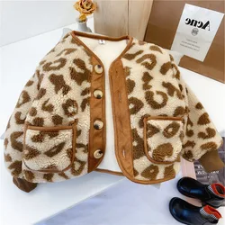 2-7Y Girls Jacket Leopard Print Fashion Lamb Cashmere Plus Velvet Thick Coat Jacket 21 Autumn Winter New Children's Clothing