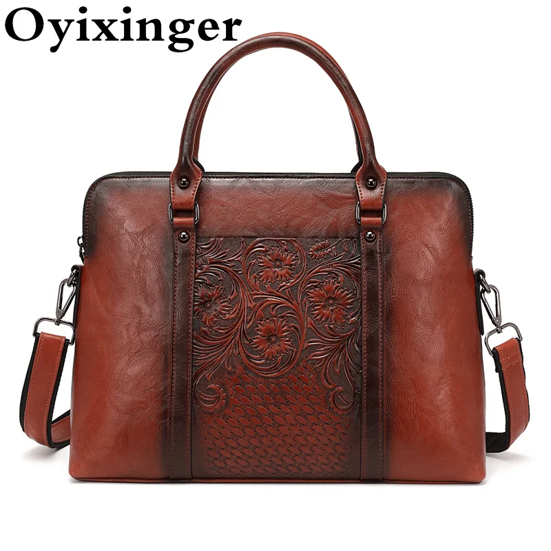 

High Quality Women Laptop Briefcase Vintage Embossed Leather Laptop Bags For Macbook Pro Air HP Xiaomi 14 inch Female Handbags