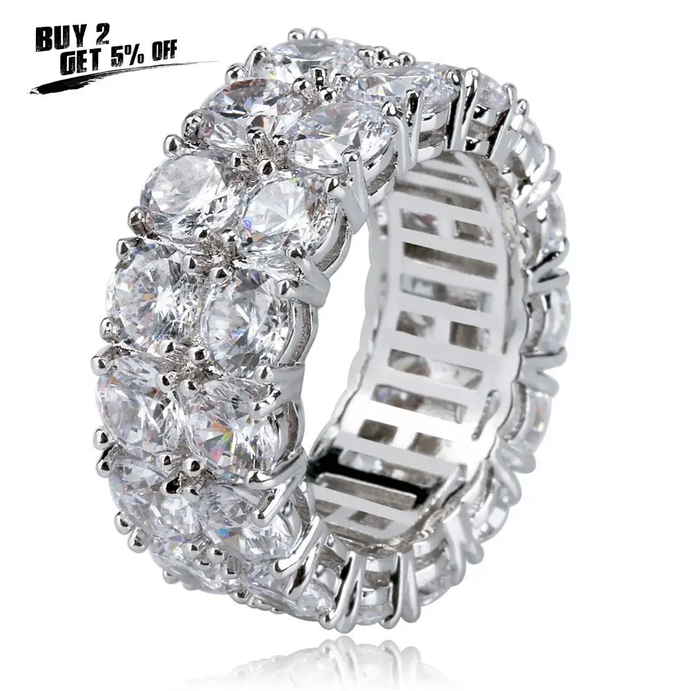 JINAO New Design Gold Silver Color Plated Ring Micro Paved 2 Row Chain Big  Zircon Shiny Hip Hop Finger Ring for Men Women