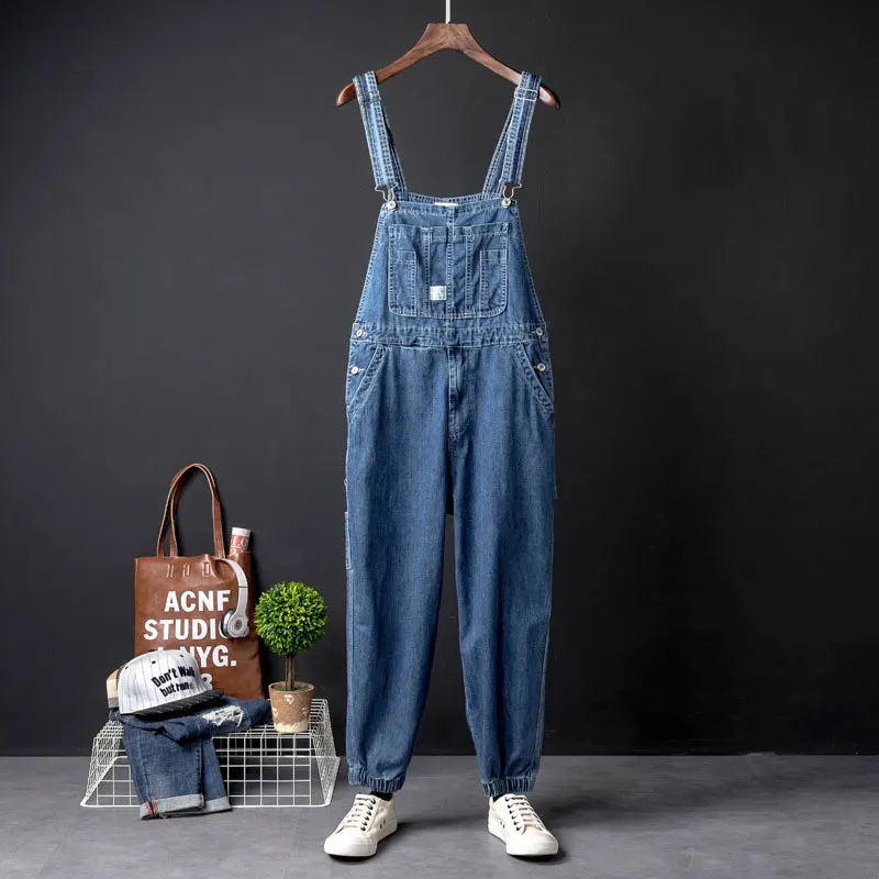 Overalls Men Jumpsuit Casual Romper 2021 Joggers Loose Bib Jeans Pants Streetwear Fashion Solid Color Suspenders Blue Trousers