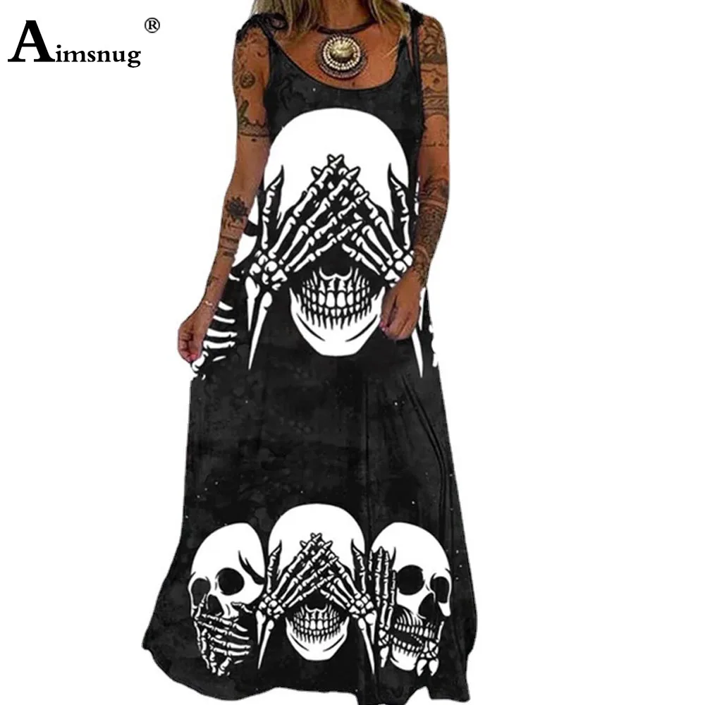 Aimsnug 2025 Summer Ladies Elegant Fashion Long Maxi Dress Western Style Gothic Skull Print Dresses Women Casual Loose Dress New