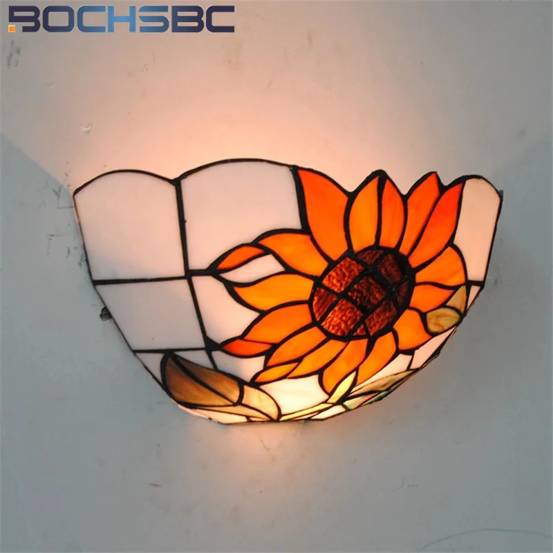 BOCHSBC Bohemia Sunflower Glassshade Wall Lamps Bedside Corner Light Wall Lamp Stained Glass Butterfly Wall Sconce Home Decor