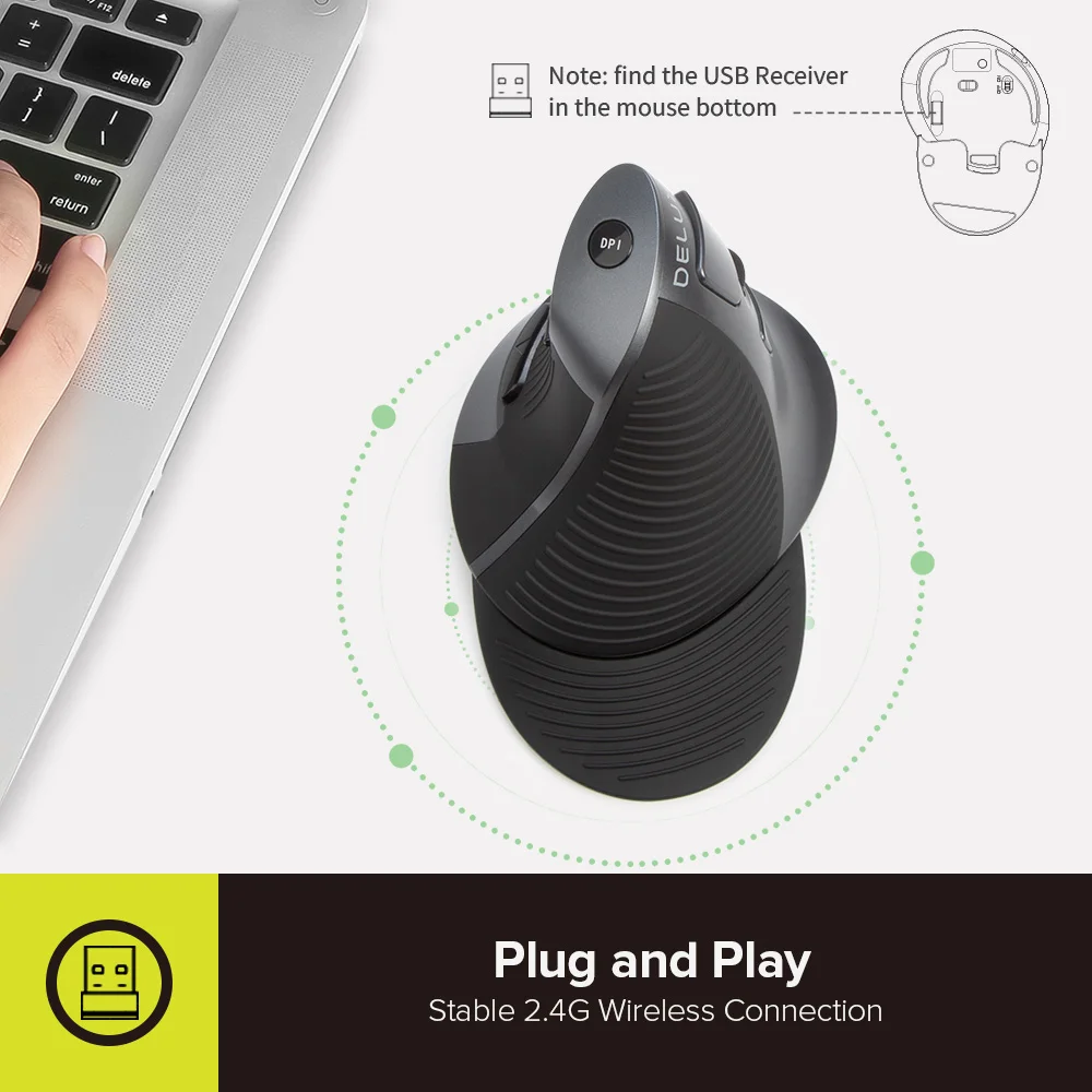 Delux M618G Rechargeable Vertical Wireless Mouse Ergonomic 4000 DPI Optical Mice with Removable Palm Rest For Computer