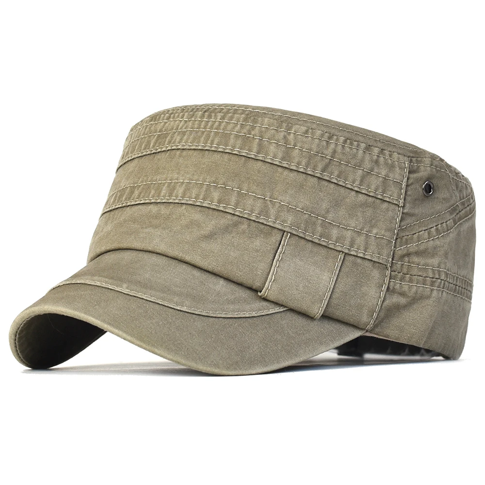 Casual Washed Cotton Flat Top Hat Adjustable Military Caps Men Women Unique Design Vintage Four Seasons