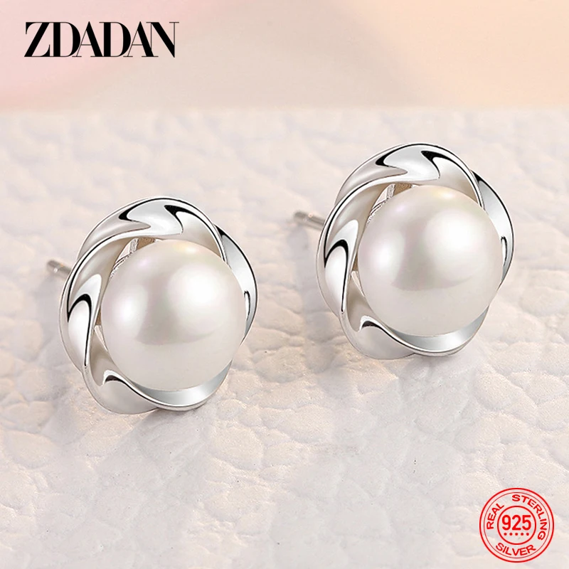 ZDADAN 925 Sterling Silver Charm Flower Pearl Stud Earring Dla kobiet Moda Biżuteria ślubna Prezent na imprezę