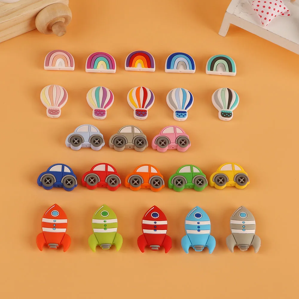 Kovict Silicone Beads 10pc Mini Hot Air Balloon Rainbow Car Rocket BPA Free Food Grade Pendants Nursing Beads For Jewelry Making