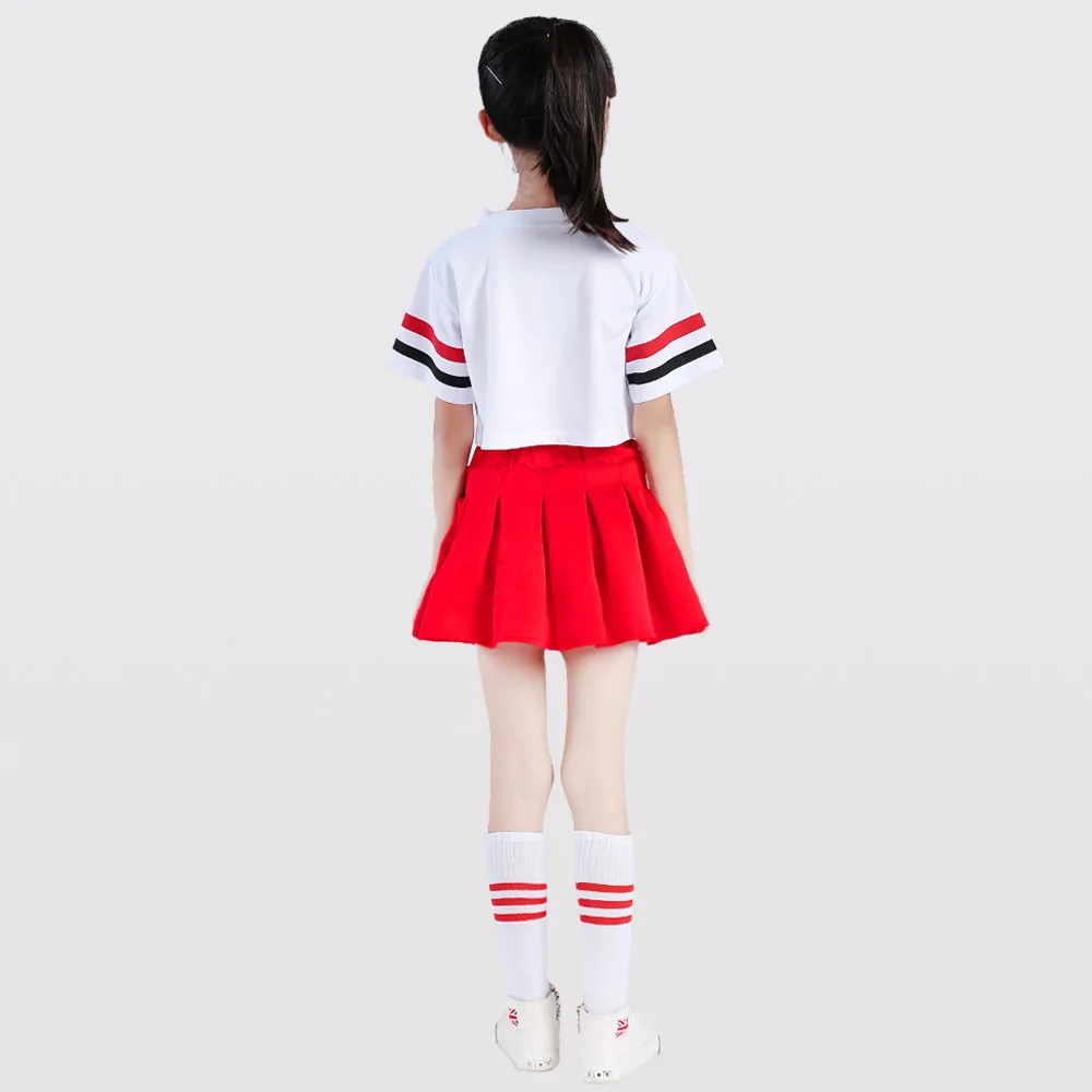 Girls Red Cheerleader Costume Kids Pleated Skirt Set Dance Show Stage Performance Children Competition Cheer School Team Uniform