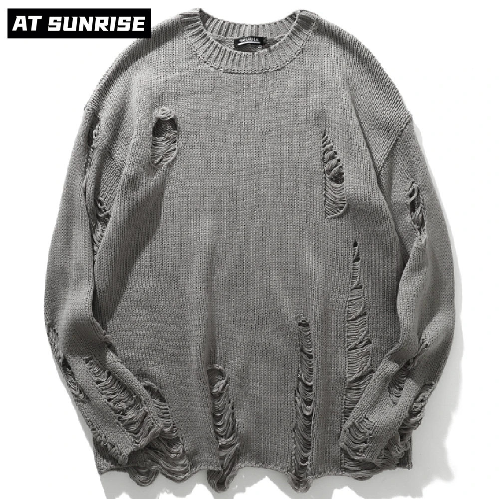 

Men HipHop Streetwear Harajuku Hole Sweater Couples Retro Solid color Sweater Knitted Sweater winter Cotton Pullover Unisex grey