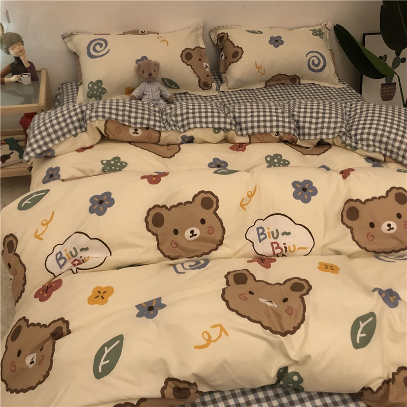 

Cute Cartoon Bear Four-Piece Set 1.8 Bedding Simple Fresh Washed Cotton Bed Sheet Three-Piece Ins Quilt Cover