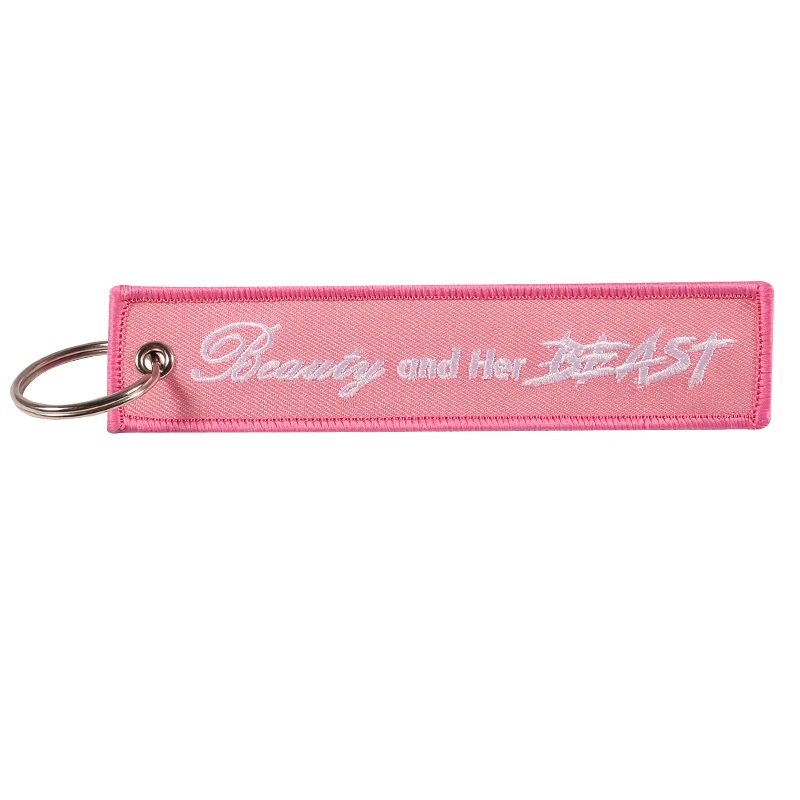 Motorcycle Keychain Jewelry Embroidery Beauty and Her Beast Car Key Ring Chain for Women Gifts Luggage Tags Pink Key Chians