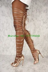 Lady peep toe high heel sexy rose gold lace-up thigh high single sole high heels metal faux leather sandals large size zip 45356