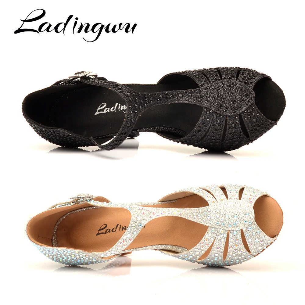 Ladingwu Ladies Latin Indoor Sport Dance Shoes Black Silver Rhineston Latino Dancing Shoes for Children Glitter Salsa dance shoe